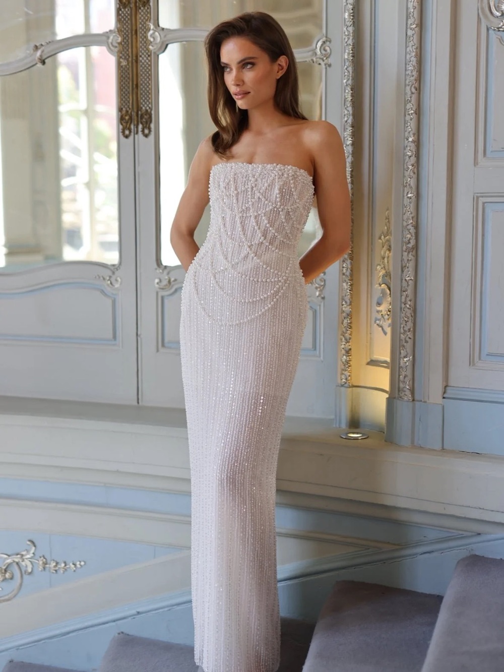 Strapless Beaded Column Wedding Dress in Ivory